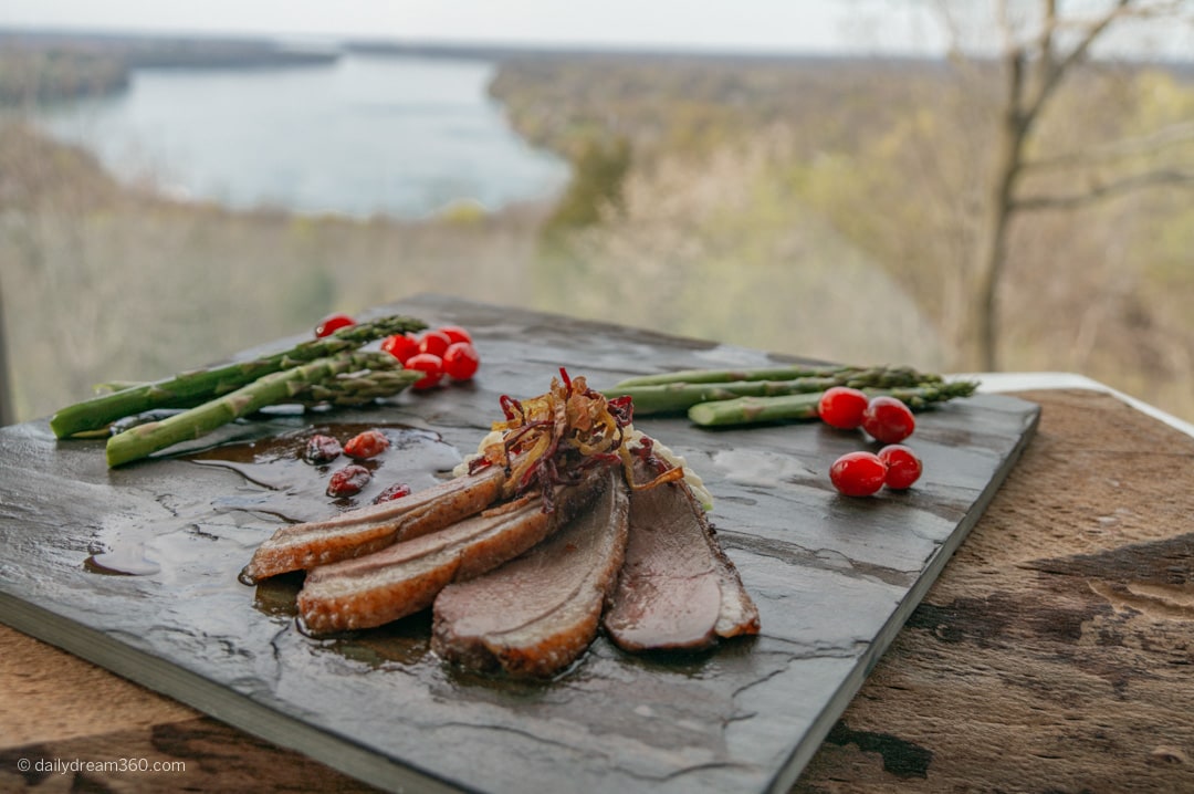 Entree sitting on table overlooking Niagara Lake at Queenston Heights Restaurant Niagara Falls ON