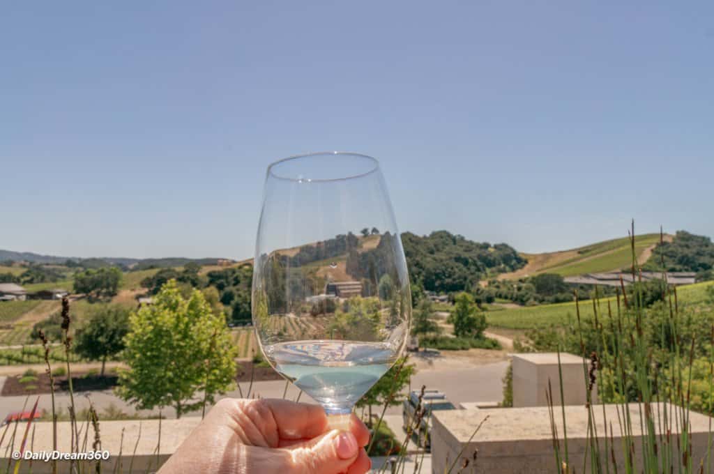 Wine glass overlooking vineyard in Paso Robles California