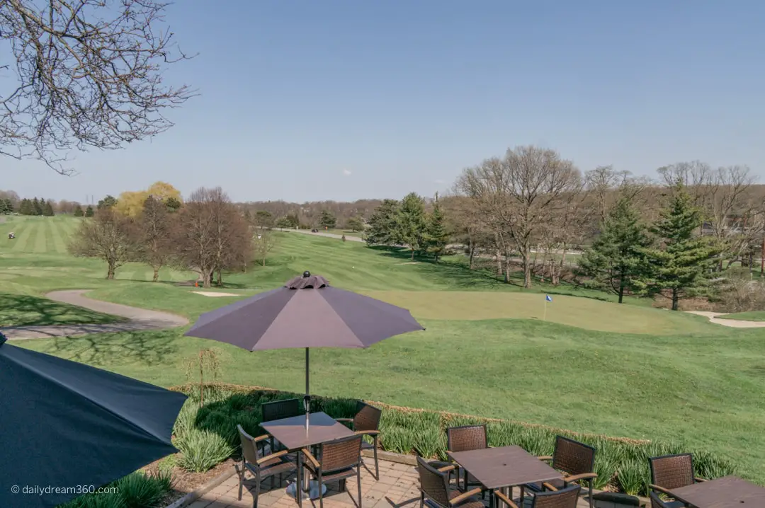 Patio seating overlooking golf course at Whirlpool Restaurant Niagara Falls ON