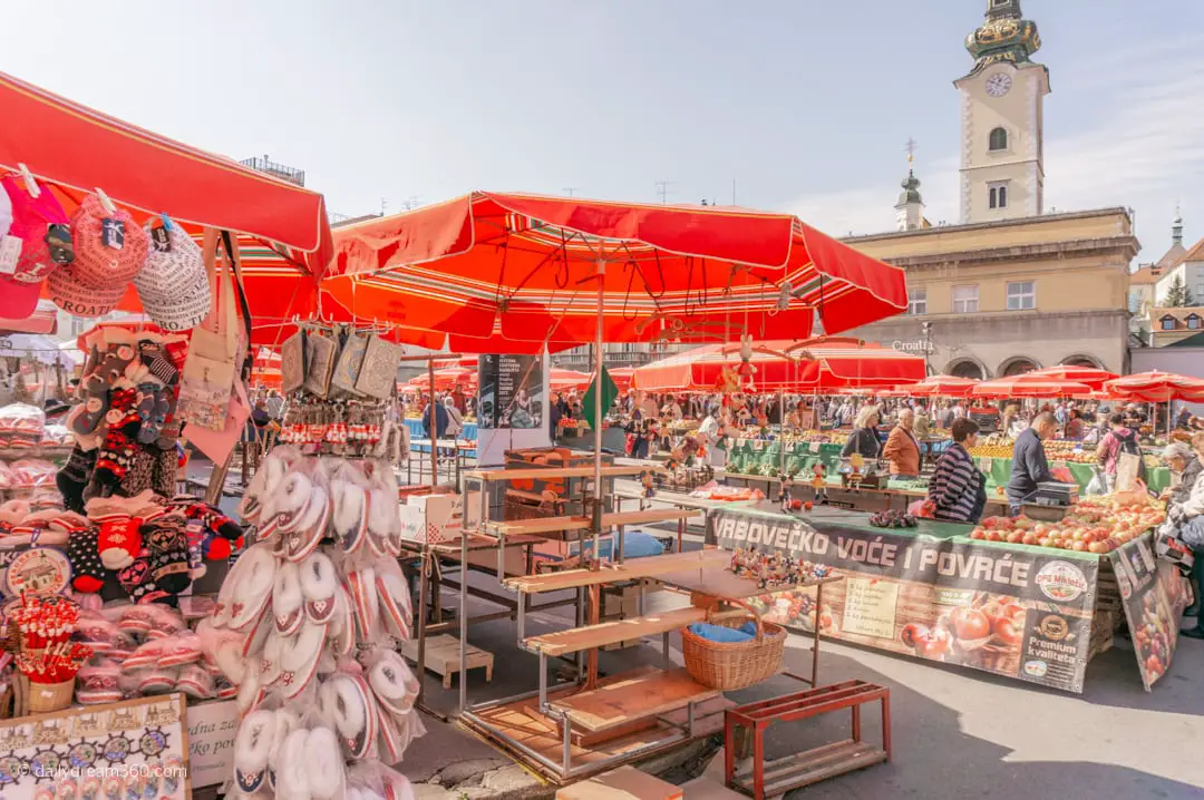 Souvenir and fruit vendors in Dolac Market in Zagreb Croatia