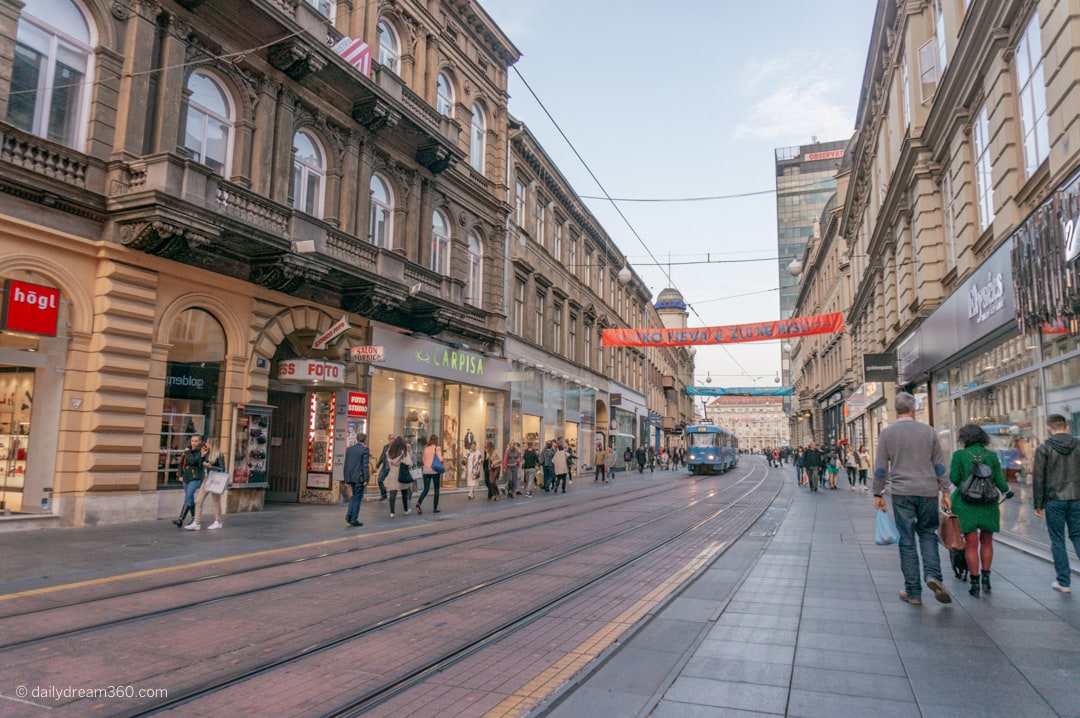 downtown Zagreb street lined with shops