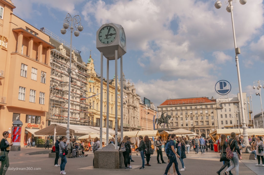 Pedestrians walk in main square in Zagreb Croatia