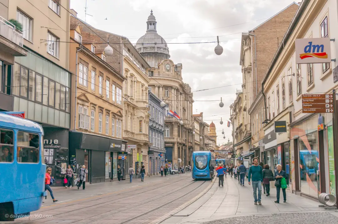 Trams on downtown street in Zagreb Croatia