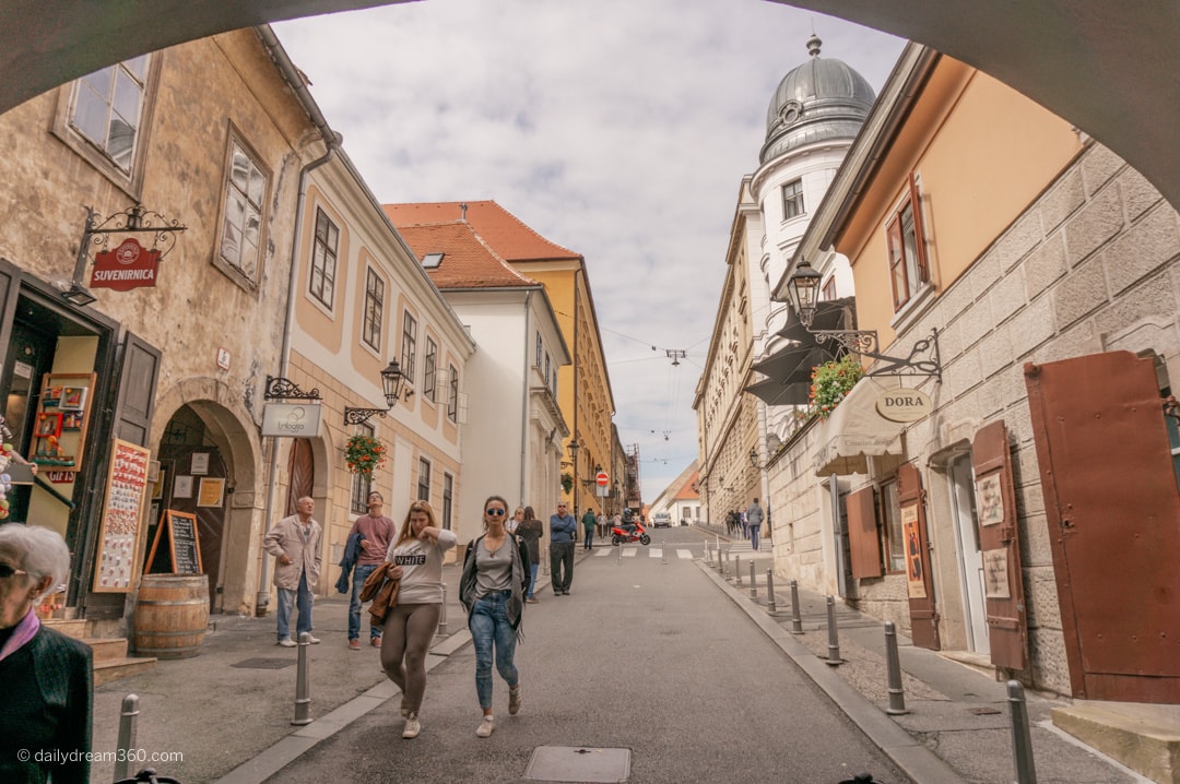 Pedestrian street lined with historic buildings in Zagreb's upper town