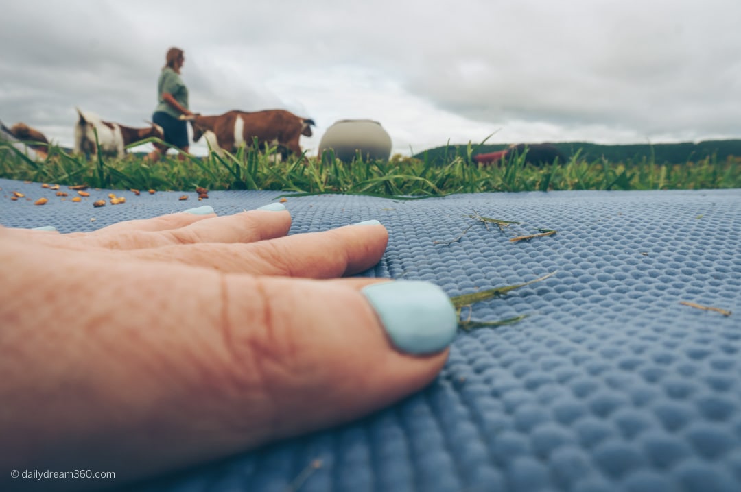 Hand on yoga mat at ZiegenVine Homestead Corning